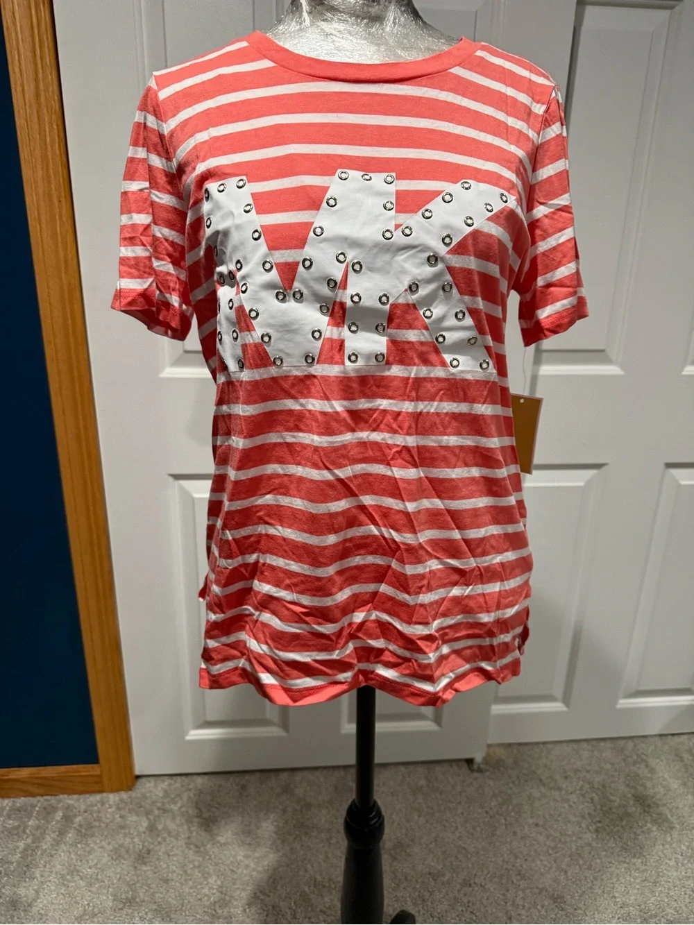 Girls' Striped Michael Kors Logo Tee - Coral and White